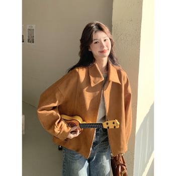 美拉德棕色短外套女小個子2025年春秋季新款時髦復古pu皮夾克上衣