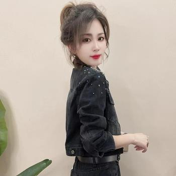 早秋款2025新款歐貨釘珠燙鉆牛仔外套女高級感短款設計感牛仔上衣