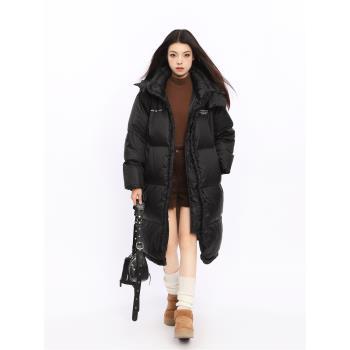 BIGGOLD白色連帽過膝長款羽絨服女冬季加厚棉服襖小眾設計感外套