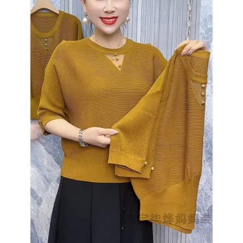 新款春夏小衫中袖針織上衣女士薄款蝙蝠衫洋氣中年媽媽T恤打底衫