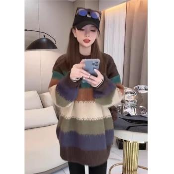 歐貨毛衣女春秋外穿2025年新款韓版寬松設計感中長款拼色針織上衣