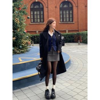 鹿月欣黑色羊毛呢大衣女秋冬季今年流行高階感呢子外套加厚中長款