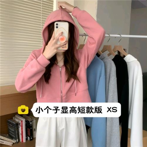 145小矮個子150韓版拉鏈設計感連帽長袖衛衣短款外套開衫女xs碼春