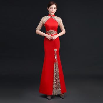 中國風修身長款改良旗袍新娘禮服