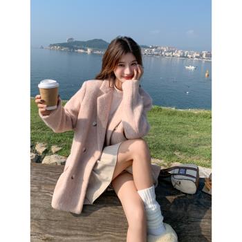 粉色甜美減齡加厚西裝呢子外套女冬季新款小個子短款加厚顯瘦毛呢