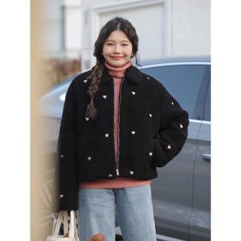 清倉 覓定黑色高階感羊羔毛拉鏈外套女早春新款小個子加厚小香風