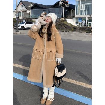 韓版網紅爆款麂皮絨皮毛一體羊羔毛外套女冬新款長款過膝加厚棉衣