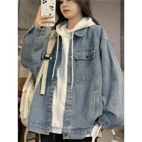 初中生牛仔外套女高中生寬松假兩件連帽夾克衫中學生少女秋裝上衣