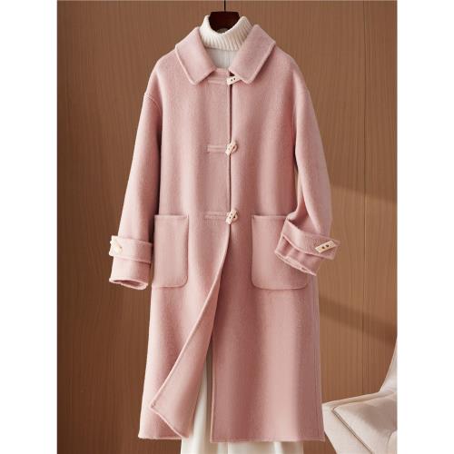粉色中長款韓版毛呢雙面羊絨大衣