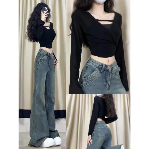 175高個子加長美式辣妹低腰毛邊微喇牛仔褲女秋季設計感喇叭褲子