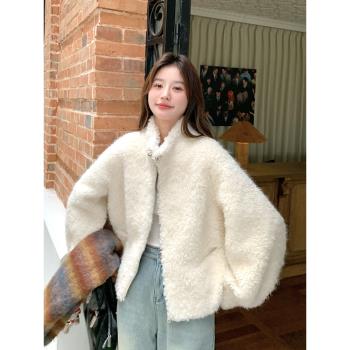 米白色奶fufu甜美減齡立領羊羔毛短外套女冬季新款小個子加厚棉衣