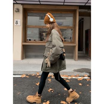 軍綠色韓版中戲寬松羽絨棉服女冬季新款小個子工裝派克服棉衣外套