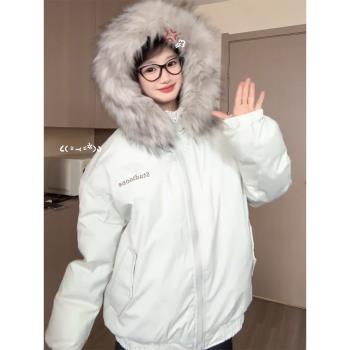 潮牌美式復古加厚連帽棉服女款冬季cleanfit高階感毛領派克服外套