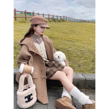 學院風甜美連帽繭型寬松羊毛雙面呢大衣女秋冬新款小個子毛呢外套