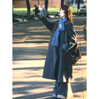 韓系中長款西裝領雙排扣毛呢外套女春季季2025新款高階感寬松大衣