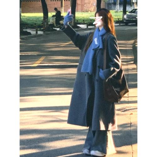 韓系中長款西裝領雙排扣毛呢外套女秋冬季2025新款高級感寬松大衣