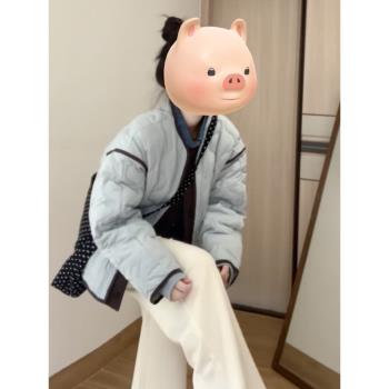 藍色輕薄棉服外套女裝春季季2025新款撞色菱格棒球服保暖夾克棉衣