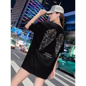 潮牌夏季黑色燙鉆翅膀上衣短袖