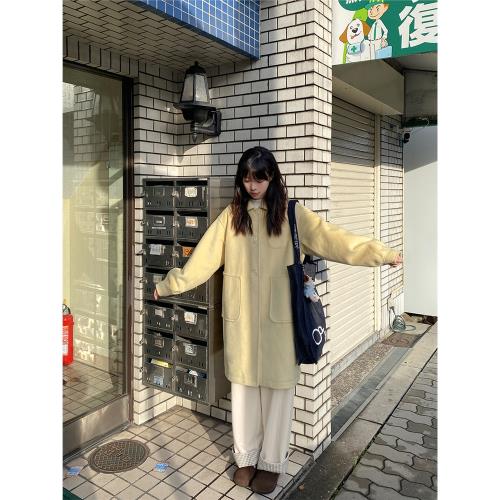 奶兔星球-自制 多口袋翻領毛呢大衣女冬2024新款夾棉加厚長款外套