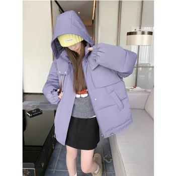 紫色寬松連帽甜美減齡白鴨絨羽絨服女冬新款小個子加厚短款麵包服