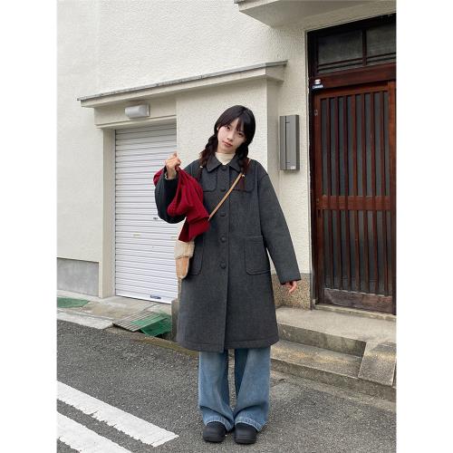 奶兔星球-自制 翻領鎖邊繡豆豆紐扣長款毛呢大衣女冬夾棉加厚外套