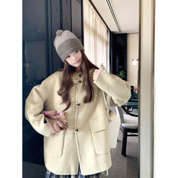 學院風連帽繭型寬松羊毛斗篷雙面呢子大衣女冬新款小個子毛呢外套