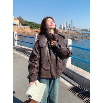 酷颯風pu皮機車白鴨絨羽絨服女2024冬新款小個子短款美式加厚外套