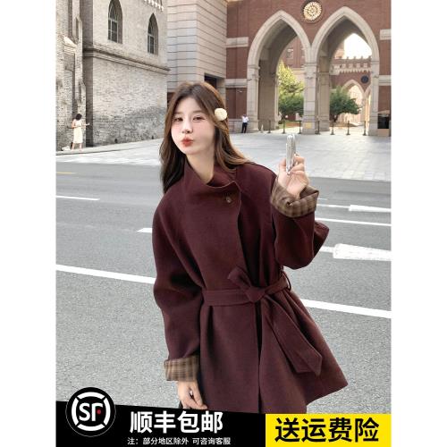 安哥拉紅輕熟風呢子大衣女冬新款收腰顯瘦氣質加厚小個子毛呢外套