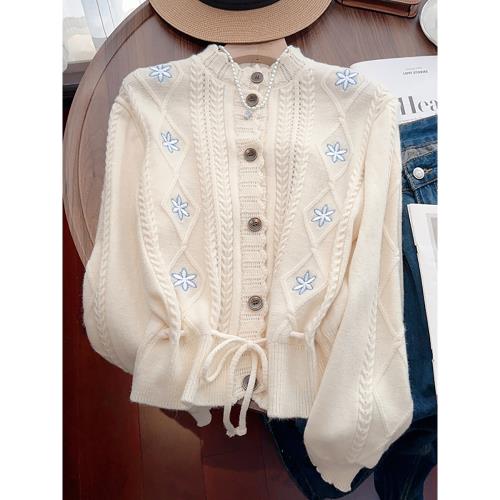 自留款推薦~春秋刺繡鉤花長袖毛衣女設計感綁帶收腰顯瘦針織上衣