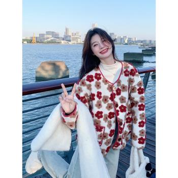 溫柔系甜美減齡印花小個子短款羊羔毛外套女冬季新款顯瘦加厚棉衣