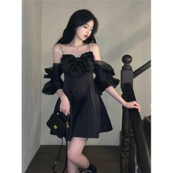 法式一字肩黑色吊帶連衣裙子女夏2025新款小個子蝴蝶結禮服小黑裙