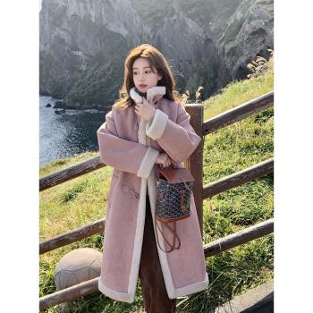 粉色甜美減齡牛角扣皮毛一體羊羔毛外套女冬季新款中長款加厚棉衣