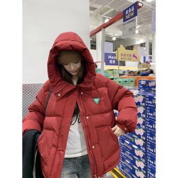 紅色學院風羽絨棉服女冬季新款棉衣外套小個子寬松加厚短款麵包服