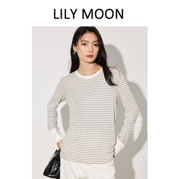 【新品】LILYMOON天絲羊毛條紋襯衫袖女寬松長袖T恤春款上衣打底