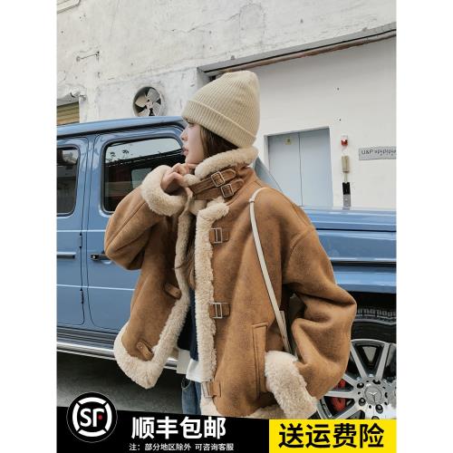 駝色寬松爆款麂皮絨皮毛一體羊羔毛短外套女冬新款小個子加厚棉衣