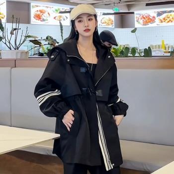 撞色連帽收腰外套女秋季歐貨時尚風衣2024年新款寬松大碼女裝