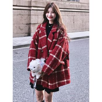 RIXO COSY 小香風西裝款羽絨服外套女大衣寬松小個子紅色格紋
