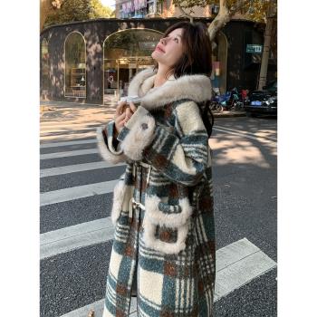 格子毛呢外套女2024新款小個子秋冬高階感中長款加厚連帽呢子大衣