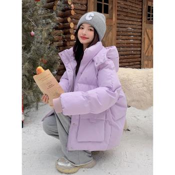 紫色短款棉服羽絨服女冬季小個子2024新款超好看學生90白鴨絨外套