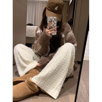 老錢風老花貂絨針織褲女秋冬2025新款軟糯高腰寬松垂感休閑闊腿褲