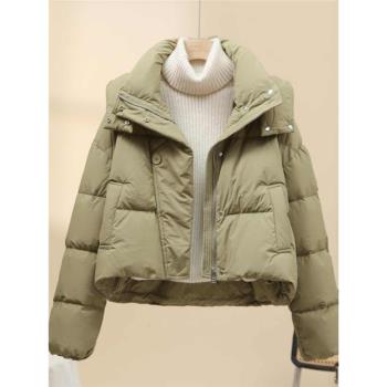 歐貨減齡短款加絨加厚麵包服冬季小個子洋氣休閑連帽羽絨棉服女裝