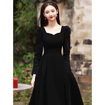 黑色晚禮服2025新款輕奢高階感宴會氣質長袖禮服絲絨連衣裙小個子