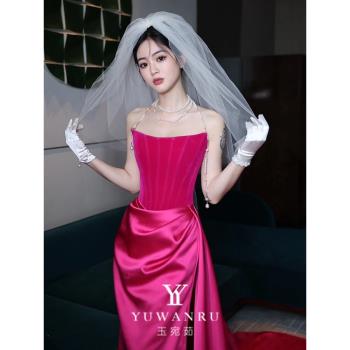 敬酒服2025新款玫紅色輕奢小眾高階抹胸新娘結婚禮服裙女火龍果色