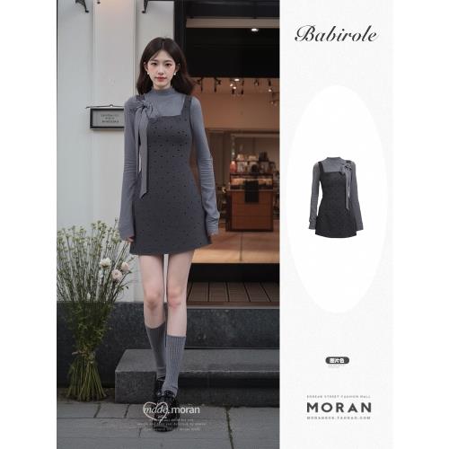 法式高級感miu系穿搭吊帶連衣短裙復古灰色波點針織衫兩件套裝女