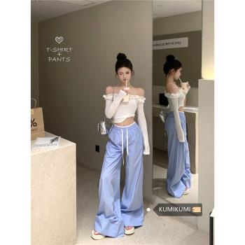 kumikumi白色立體花朵一字肩上衣女早春高腰抽繩條紋闊腿褲兩件套