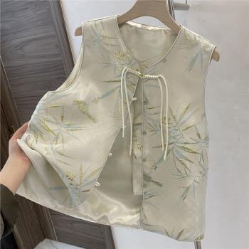 春季單款圓領織錦馬甲復古盤扣民族風氣質背心織花中式中國風上衣