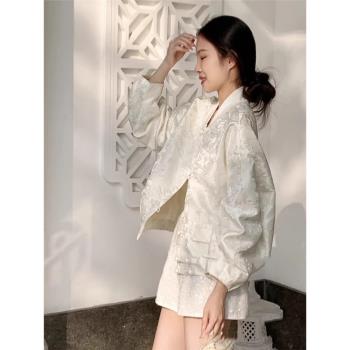 大碼女裝早春季新中式國風清冷感禪意提花外套闊腿短褲兩件套裝女