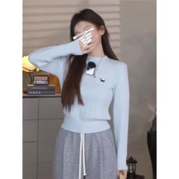 韓系溫柔時尚圓領刺繡麻花針織衫女秋冬新款獨特別致修身長袖上衣