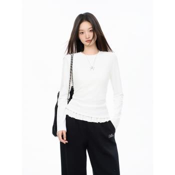 白色花邊圓領加絨加厚打底衫女正肩長袖t恤內搭修身上衣2024冬季