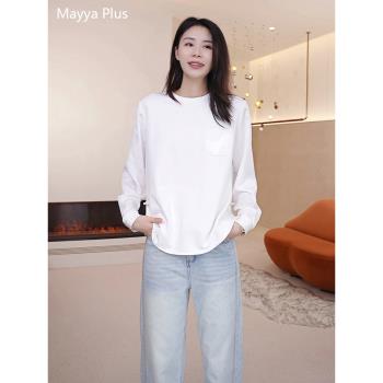 麥芽Mayya Plus 緞面提花拼接白色長袖T恤女春季新中式國風上衣棉